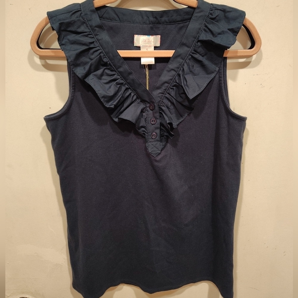 Stella Parker NWT Navy Blue Ruffle V-Neck Ribbed Tank Top Sz S Casual Career